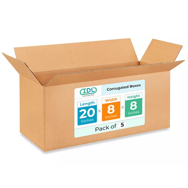 Idl Packaging 20 in x 8 in x 8 in Shipping Box, Kraft, Corrugate, Single Wall, 200#, 5 PK B-2088-5 - main